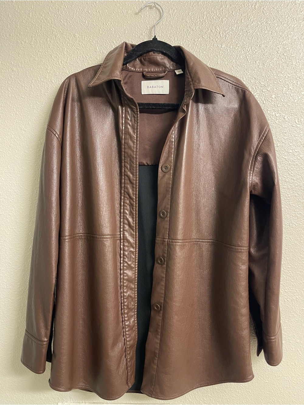 Babaton Chocolate Brown Leather Shirt Jacket